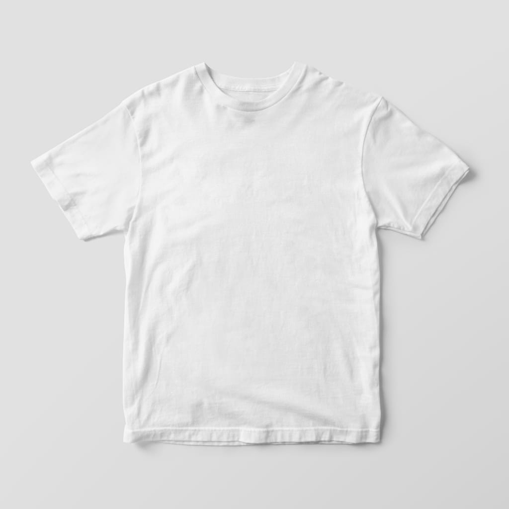 A plain white T-shirt laid flat on a light gray background.
