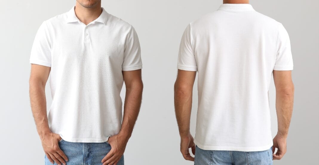 A white polo shirt displayed on a model. The image shows both the front and back views: short sleeves, a classic collar with a three-button placket, and a plain clean design. The shirt is paired with light blue jeans.