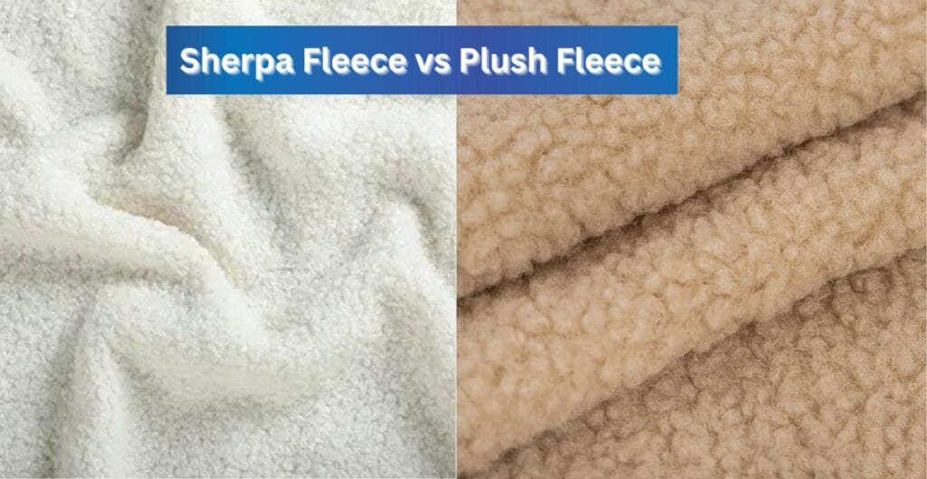 Side-by-side comparison of sherpa fleece (left, white) and plush fleece (right, beige) fabrics.