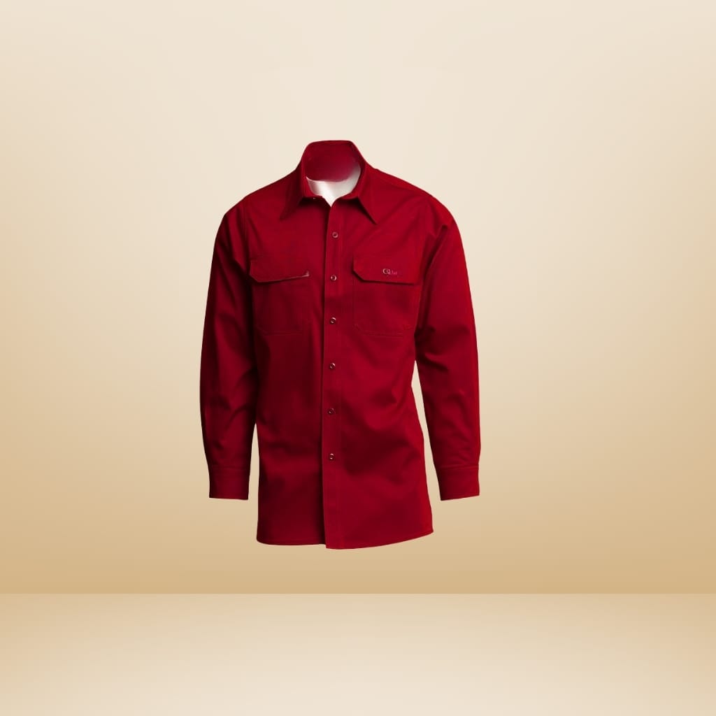 A long-sleeve red uniform shirt with button-down front and chest pockets on a neutral background.