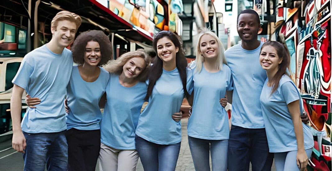 A diverse group of seven young adults standing close together outdoors, all wearing light blue t-shirts and smiling, with a colorful urban street scene in the background.