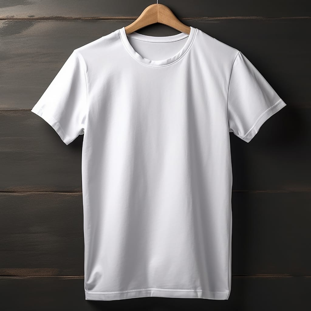 A plain white T-shirt hanging on a wooden hanger against a dark wooden background.