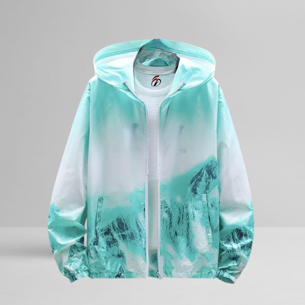 A stylish hooded jacket with a scenic mountain and ocean design in shades of teal and white, displayed against a plain gray background.