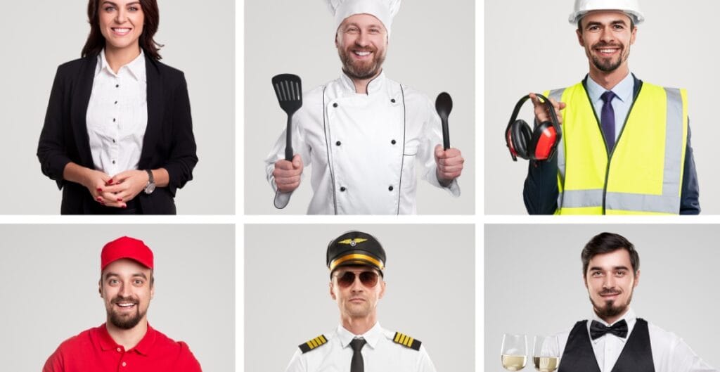 Top-left: A confident businesswoman in a black blazer and white shirt standing with hands clasped. Top-middle: A cheerful chef in a white chef’s coat and hat, holding a spatula and a spoon. Top-right: A smiling construction or safety officer in a reflective vest and hard hat, holding ear protection. Bottom-left: A friendly delivery person or fast-food worker in a red polo and red cap. Bottom-middle: A captain or pilot wearing a white shirt, captain’s hat, sunglasses, and uniform. Bottom-right: A waiter in a tuxedo vest with a bow tie, holding wine glasses.