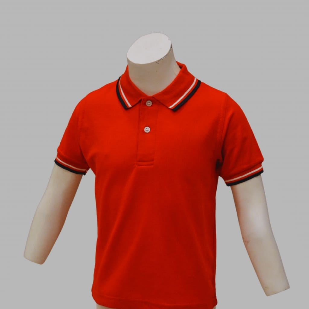 Children’s red polo uniform shirt with striped collar and sleeve trim displayed on a mannequin.