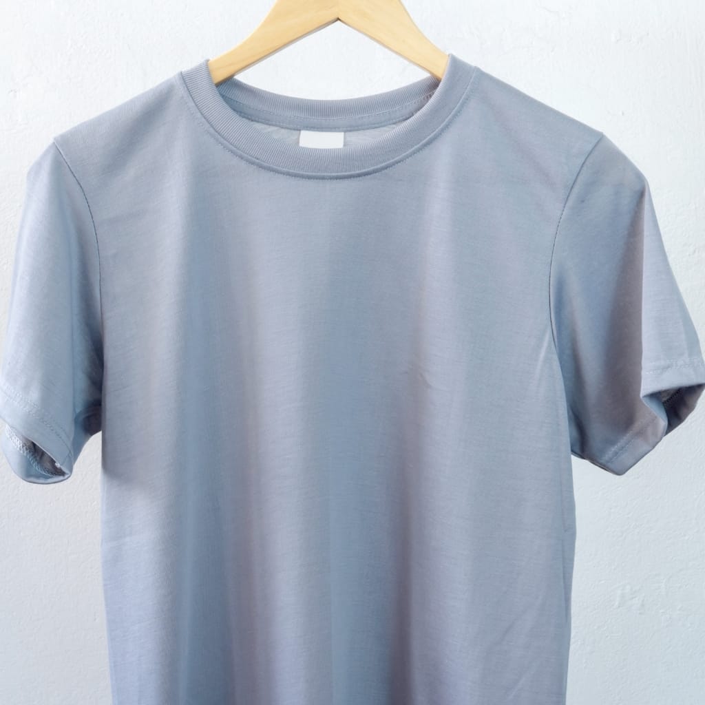 Light gray short-sleeve T-shirt on a hanger against a white wall, close-up view of the upper torso.