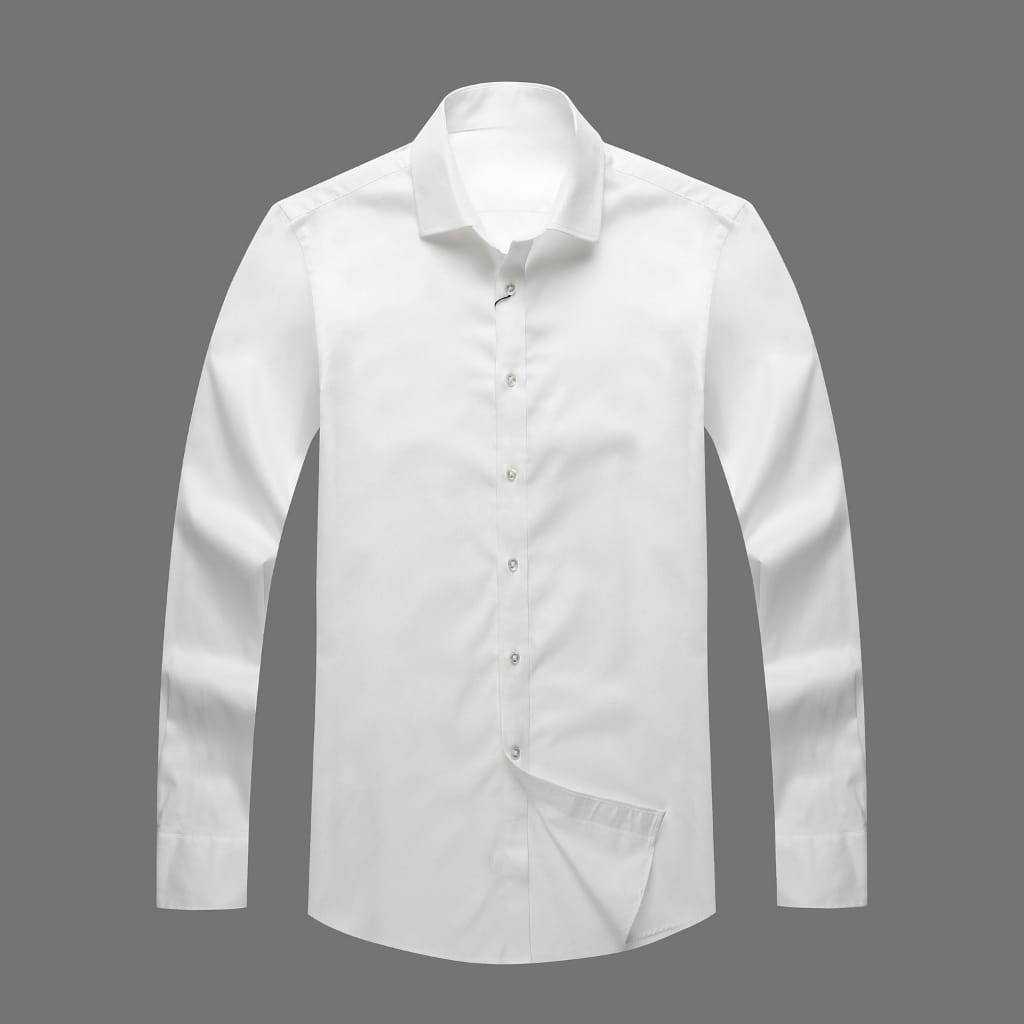 A classic white men's dress shirt with long sleeves, button-down front, and a standard collar, displayed against a gray background.