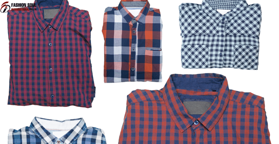 A collage of men's long-sleeve plaid shirts in various colors displayed flat. Prominent shirts include a maroon and navy check, a blue-red-orange check, a dark blue-and-white gingham pattern, a blue-and-white plaid with a pocket, and a red-and-navy plaid with a gray inner collar.