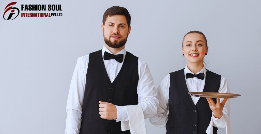 Two waitstaff members, a man and a woman, dressed in formal black vests, white shirts, and black bow ties, stand against a plain light gray background. The woman holds a serving tray and smiles.