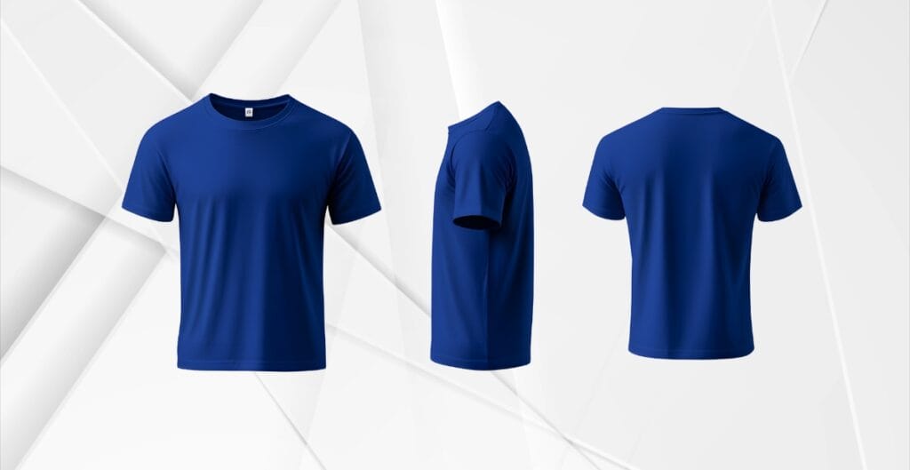 Blue plain crew-neck T-shirt shown from front, side, and back views against a light geometric background.