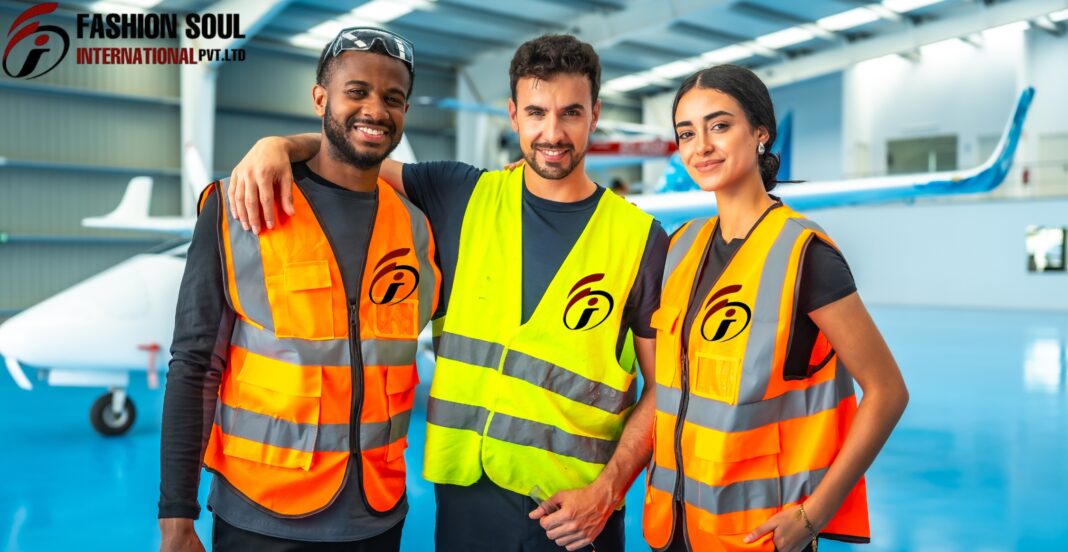 Three aviation workers standing inside an aircraft hangar, smiling at the camera, wearing safety vests with the 