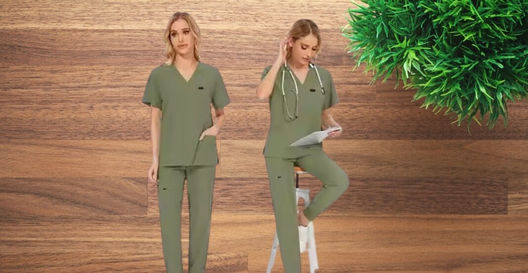 Alt Text: Two women in green medical scrubs stand against a wooden background; one is standing with her hand in her pocket, and the other is sitting on a stool reading papers with a stethoscope around her neck. A green plant is visible in the top right corner.