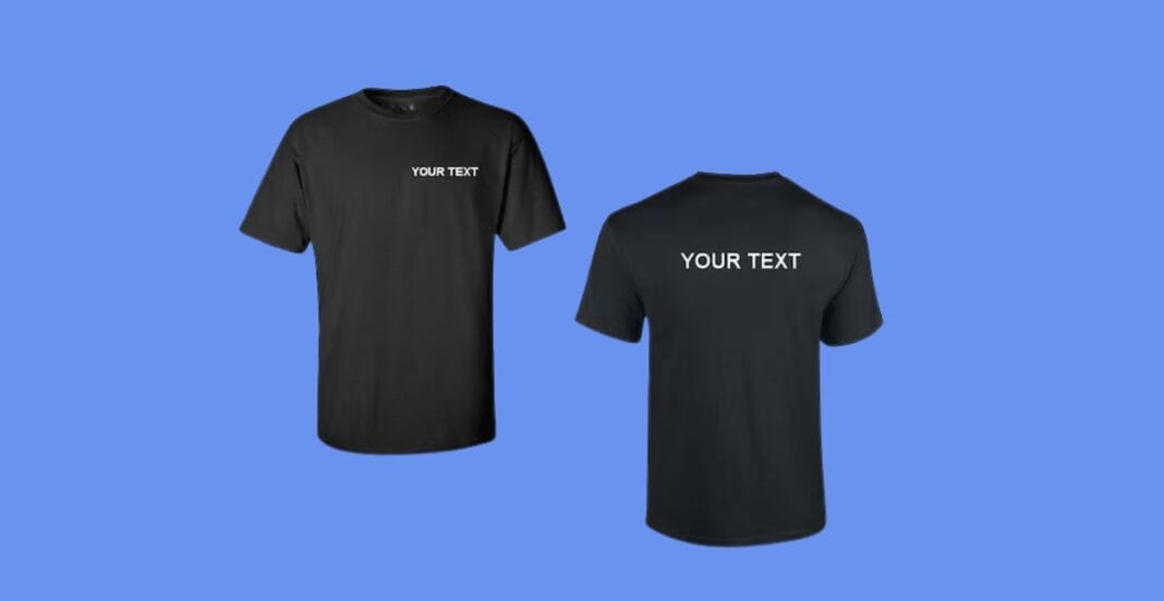 Two black T-shirts displayed on a blue background, one showing the front and the other showing the back, both with the text 