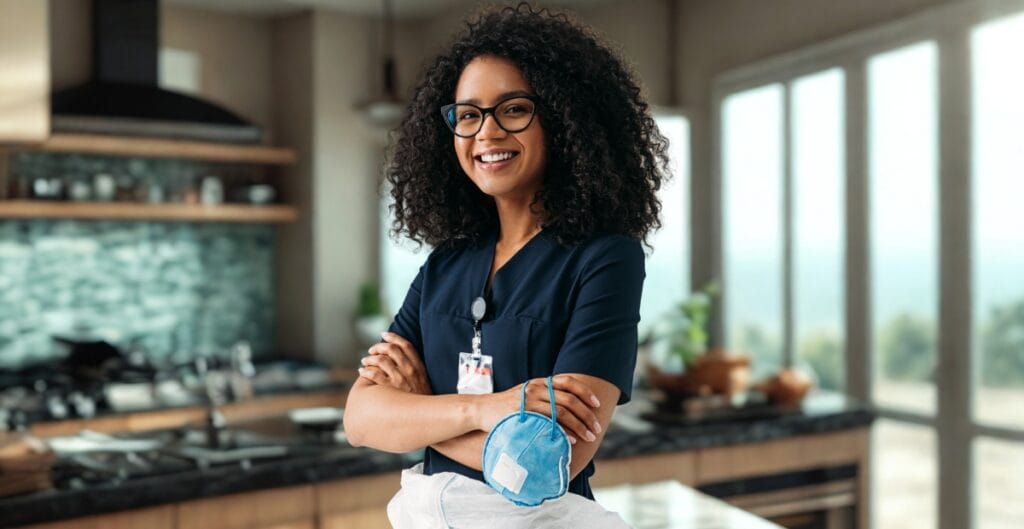 A smiling woman in medical scrubs and glasses standing with arms crossed in a bright, modern kitchen, holding a small blue face mask.