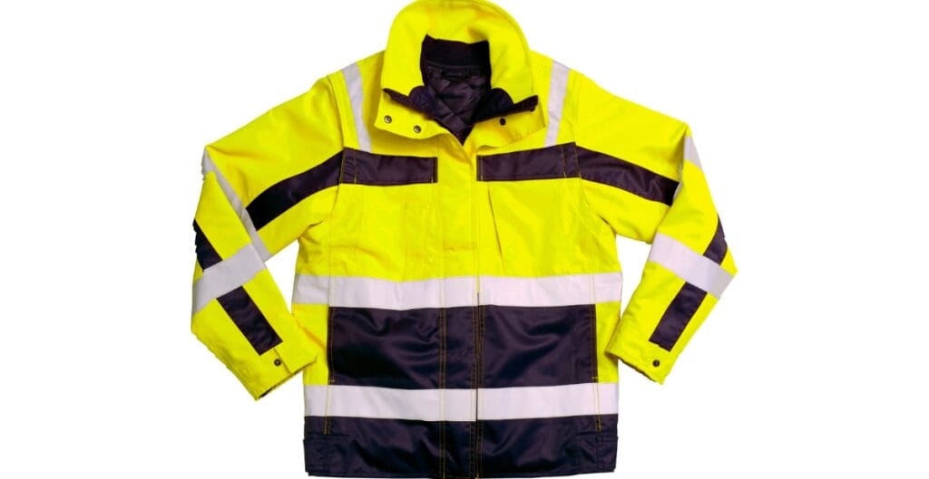A high-visibility yellow and black safety jacket with reflective stripes, laid flat against a white background.