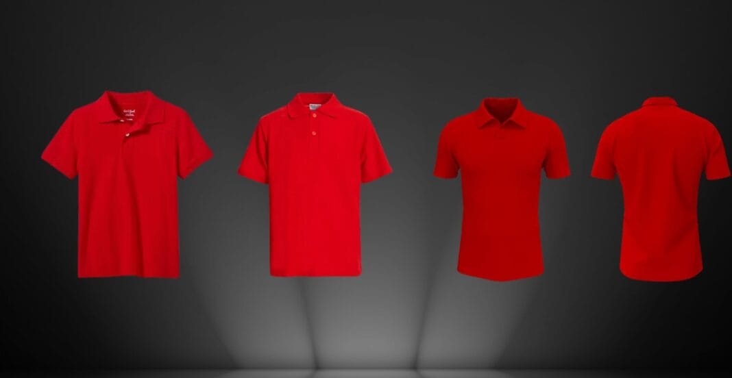 A lineup of four red uniform shirts in different polo styles on a dark studio background.