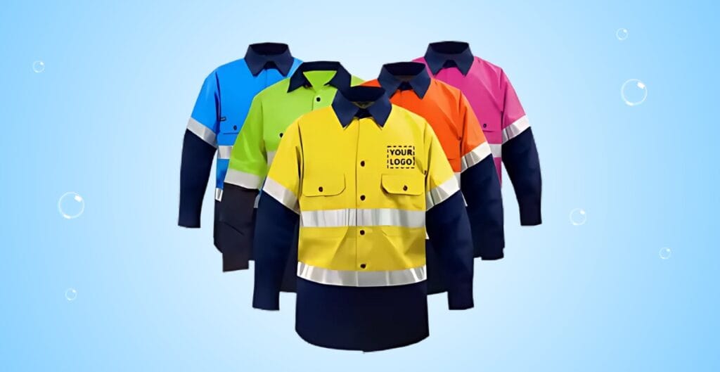 Alt Text: Four high-visibility work shirts in blue, green, orange, and pink, arranged in a row against a light blue background with bubbles.