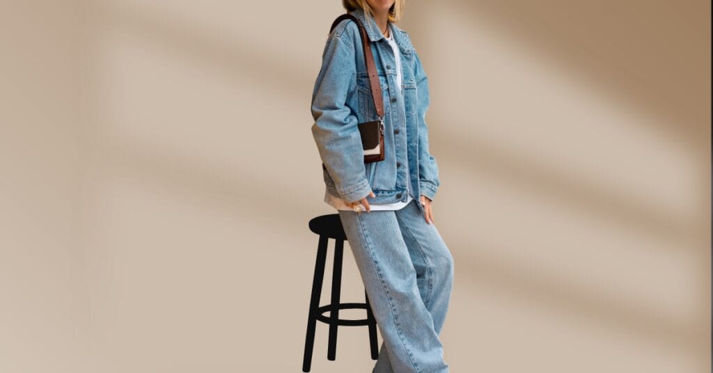 A person wearing a light blue oversized denim jacket and baggy carpenter pants, with a small brown crossbody bag slung over the shoulder, standing next to a black stool against a beige background."