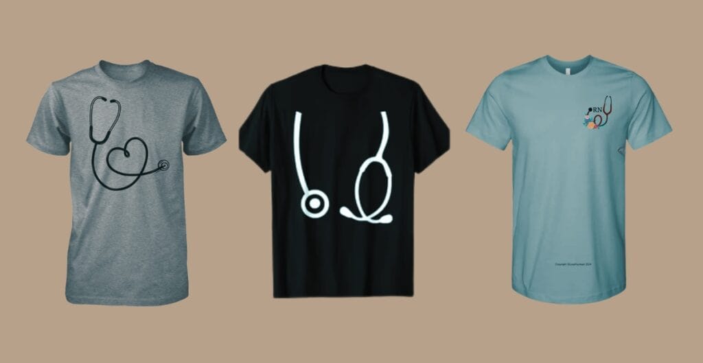 A set of professional logo shirts designed for the healthcare industry, featuring clean, comforting color palettes and symbols like medical crosses, stethoscopes, and heartbeat lines, with clear wordmarks that are easy to read on fabric.