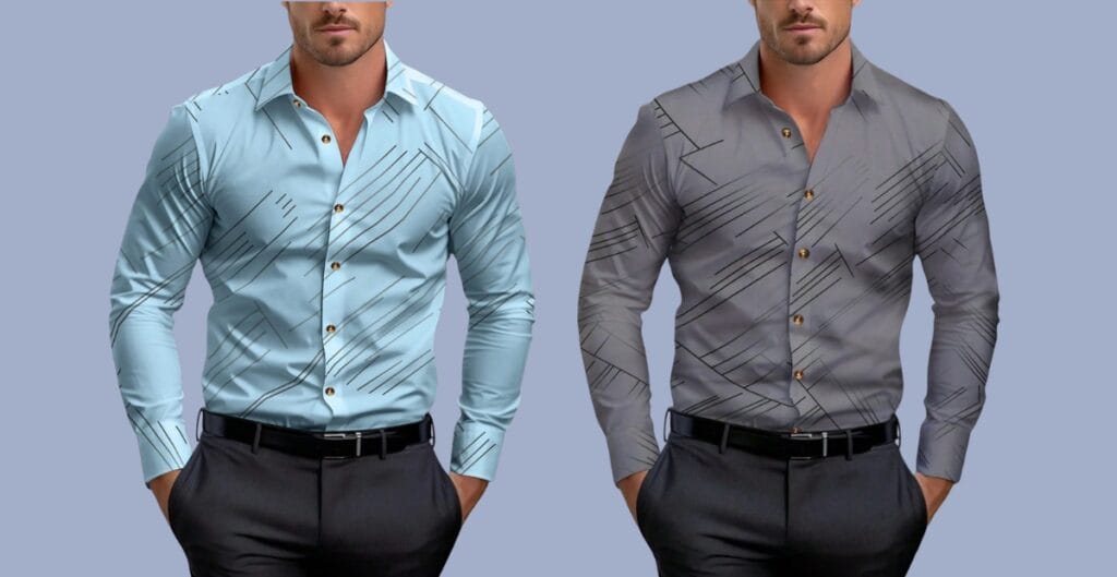 A stylish button-up uniform shirt layered with a light jacket, demonstrating seasonal versatility.