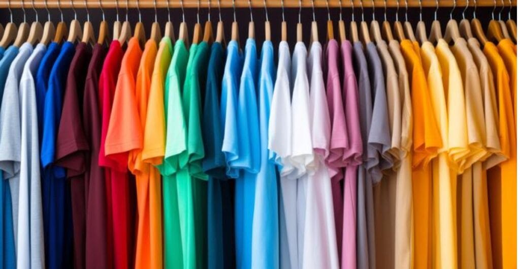 A diverse team wearing bright, bold-colored organization T-shirts in a modern office. The shirts feature high-contrast color blocks, clean logos, and energetic patterns. Team members are collaborating around a conference table, with sunlight streaming in, conveying creativity, visibility, and team unity.