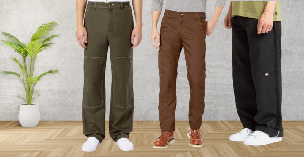 Pair of durable double-knee working pants hanging on a hanger, showcasing reinforced knee area and rugged fabric for comfort and protection.