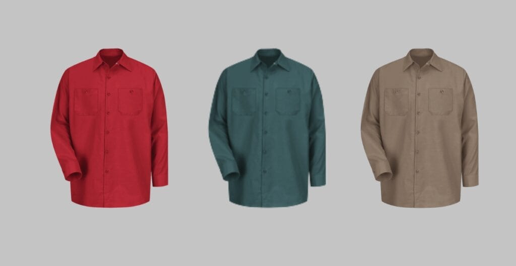 A thoughtful shopper comparing different long-sleeve button-up shirts in a well-lit store, focusing on fabric, collar style, and fit.