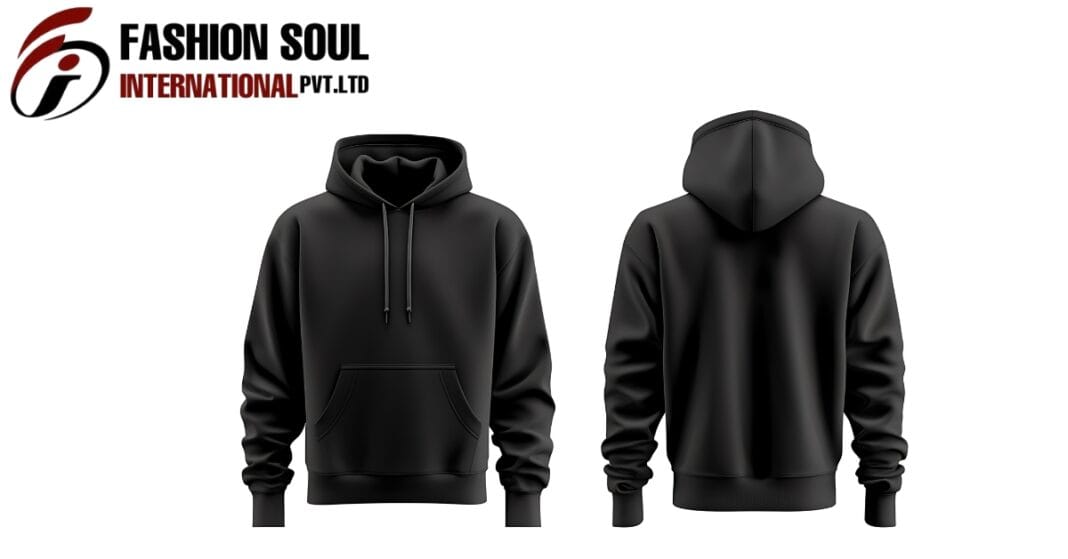 Front view: A plain black hooded sweatshirt with a front kangaroo pocket and drawstrings, shown on a white background. The back view shows only the black hoodie with a clean, minimal silhouette. Logo in top-left corner reads “FASHION SOUL INTERNATIONAL PVT. LTD” in bold black and red.