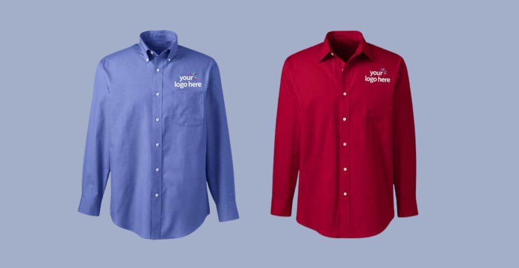 A button-up shirt featuring a stitched logo on the chest, with crisp embroidery and matching thread colors.
