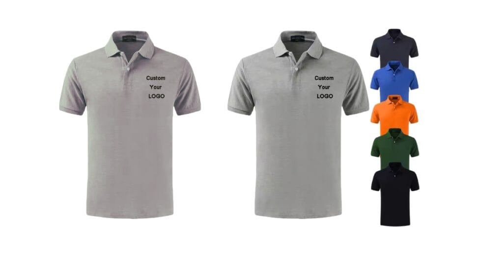 A row of polo shirts in assorted colors, each with a clean embroidered logo on the left chest.