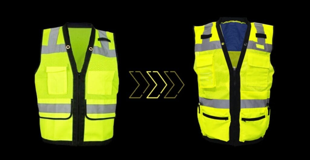 Person wearing a personalized safety vest with initials on the front over reflective stripes.