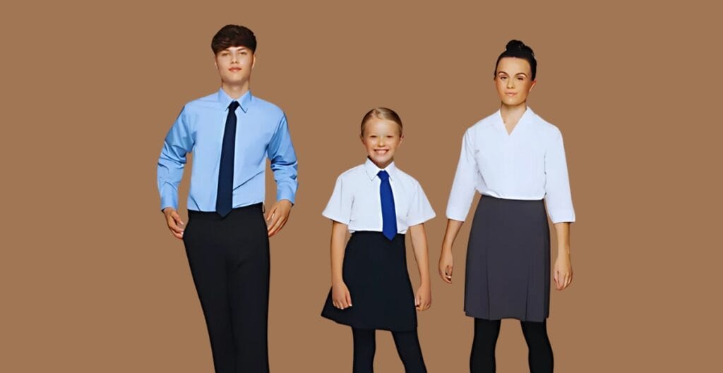 row of neatly pressed professional white, light blue, and charcoal dress shirts hanging on wooden hangers in a minimalist office setting.