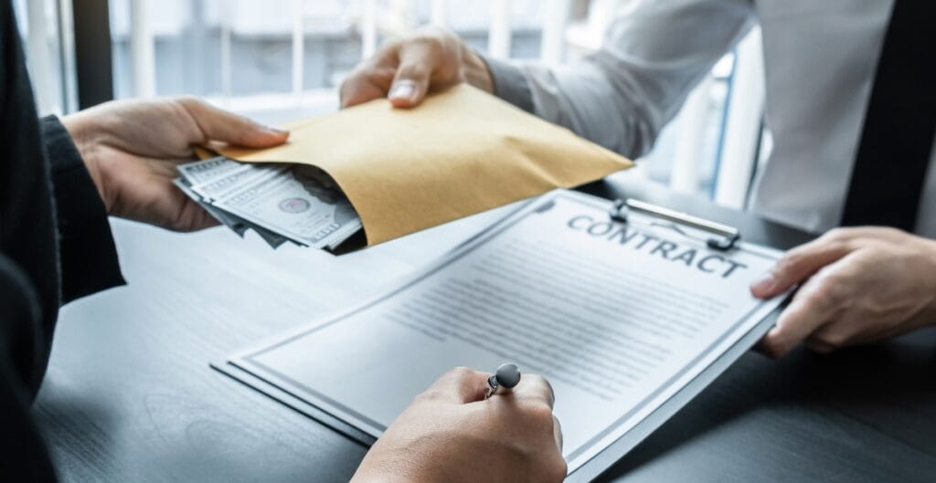 A person flipping through a contract with a magnifying glass, a red alert symbol and scattered yellow sticky notes emphasizing key clauses, highlighting the risk of not reading contracts carefully.
