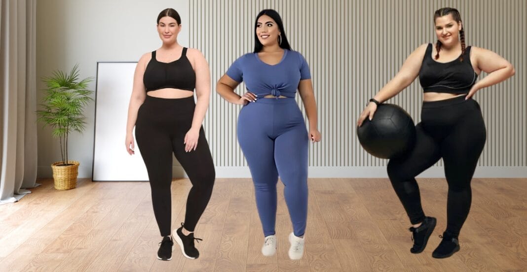 Color palette swatches featuring rose, cobalt, charcoal, and emerald labeled ‘Gym Wear Colors for Plus-Size Ladies.