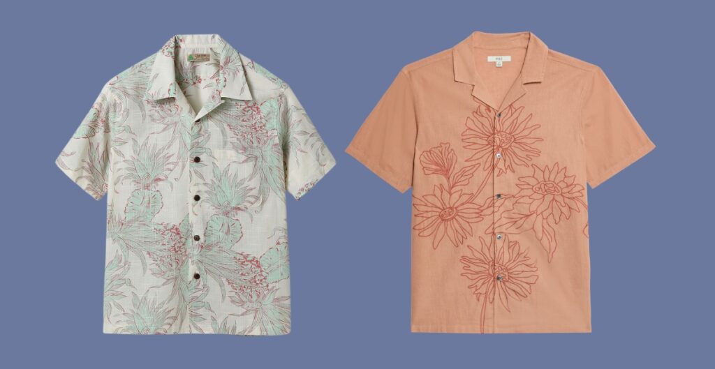 Patterned linen-cotton blend shirts displayed on a rack, featuring a variety of geometric and botanical prints in natural, earthy tones.