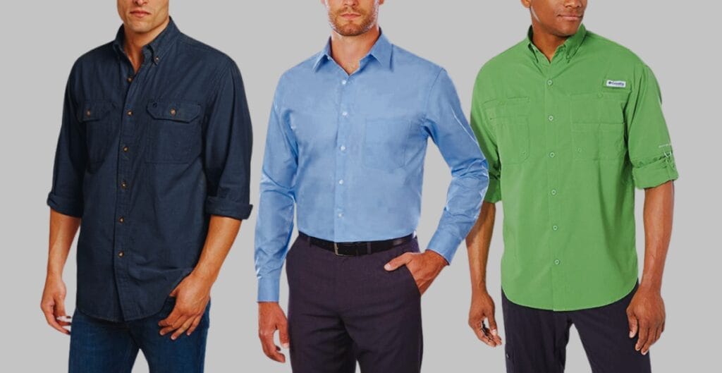 A collage showing diverse professionals wearing men’s cotton work shirts: an engineer in a hard hat at a construction site, a chef in a kitchen, a teacher in a classroom, and an office worker at a computer—highlighting versatility and comfort of cotton shirts.