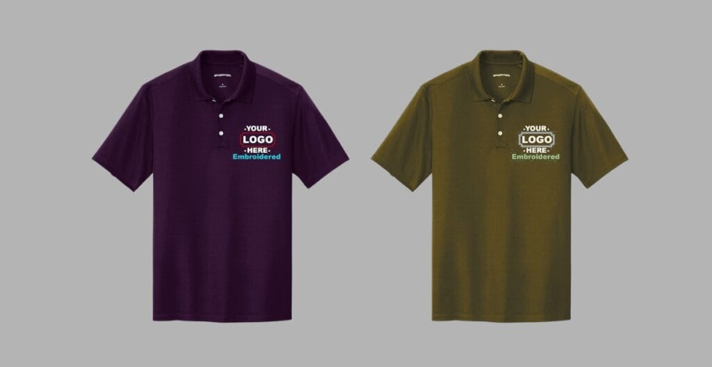Close-up of a polo shirt chest with a crisp custom embroidered logo beside a printed brand tagline.