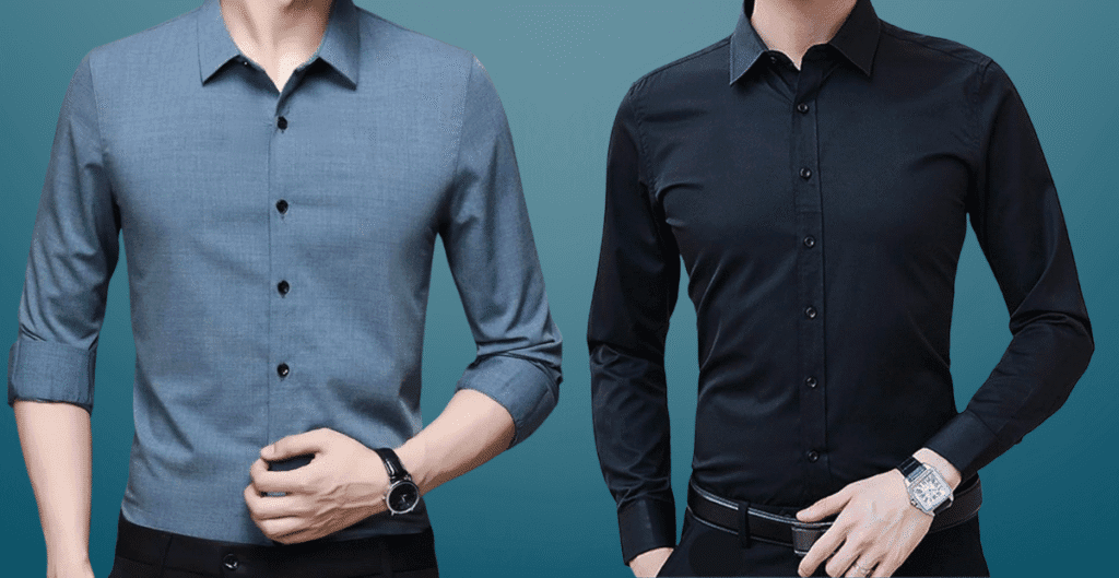 An organized wardrobe display featuring a selection of long-sleeve button-up shirts in neutral colors hanging neatly on a clothing rack.