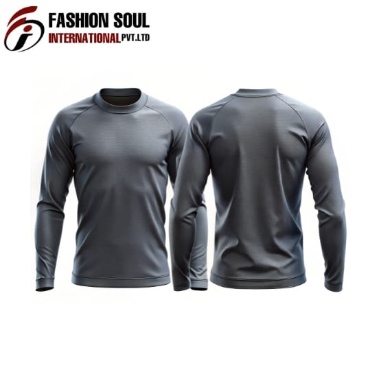 A gray long-sleeve athletic shirt displayed from the front and back, showing a fitted, moisture-wicking design. The image includes a logo in the top-left corner that reads “FASHION SOUL INTERNATIONAL PVT. LTD