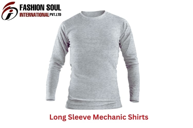Light gray long-sleeve mechanic shirt displayed on a mannequin against a white background, with red text 'Long Sleeve Mechanic Shirts' below