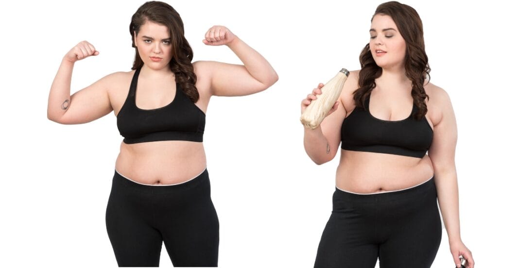 Woman in a black 3x sports bra, flexing her muscles and holding a water bottle