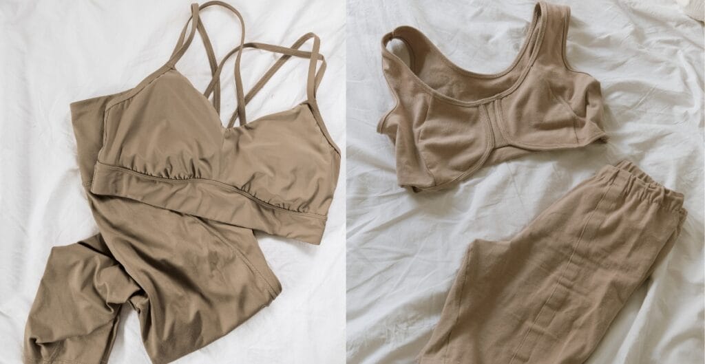 3x sports bra and matching workout pants set in neutral tones