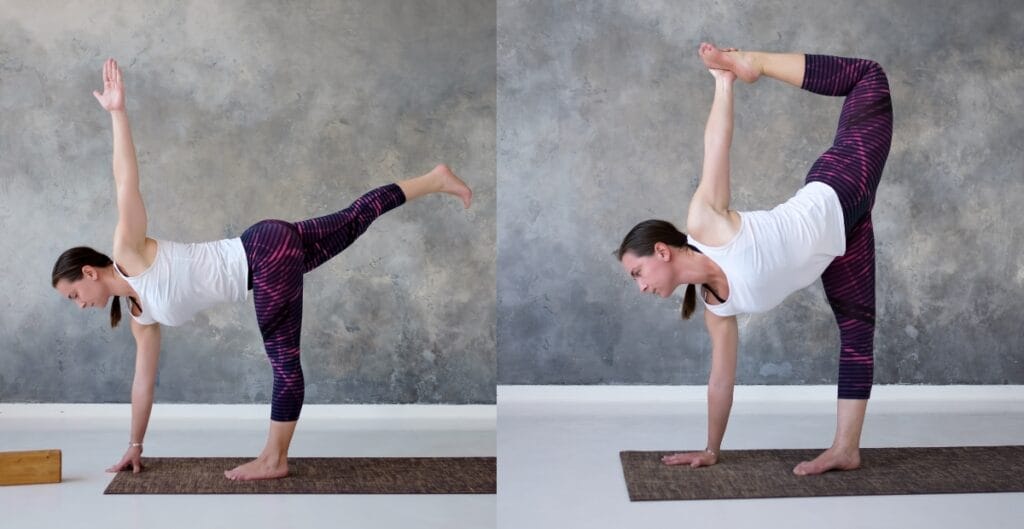 Two women performing yoga poses in stylish 4x yoga pants, one in a balancing pose and the other in an extended side angle pose