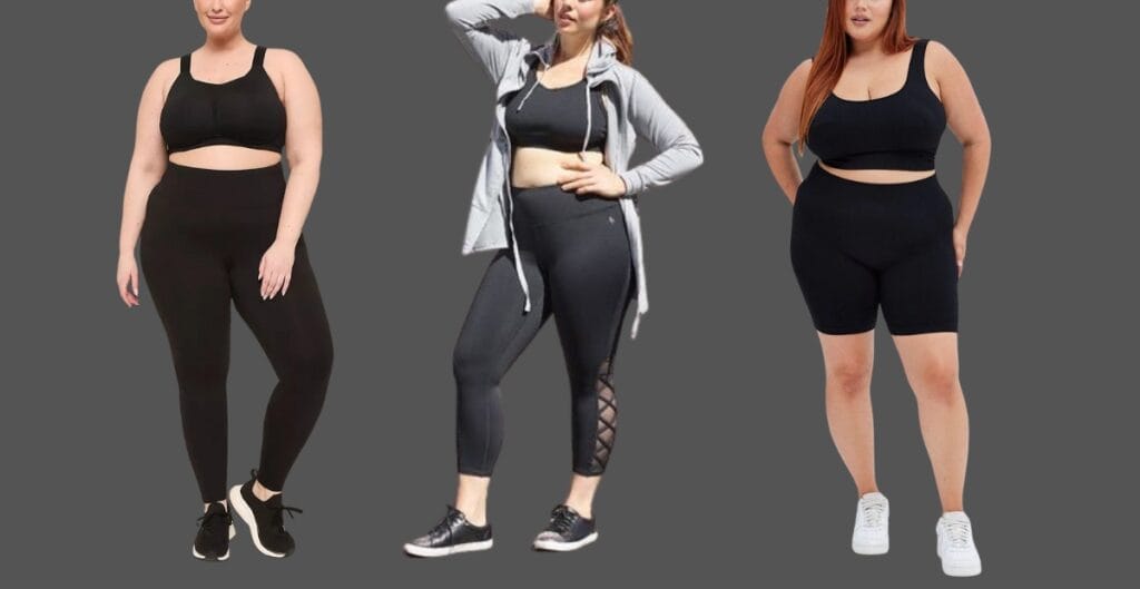 A confident plus-size model wearing a teal and charcoal color block activewear set, performing a yoga pose on a sunlit studio floor.