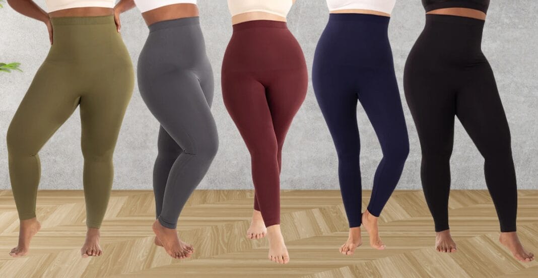 Diverse group of people in vibrant plus-size leggings, mid-movement poses that showcase stretch and comfort, in a bright studio with natural light.
