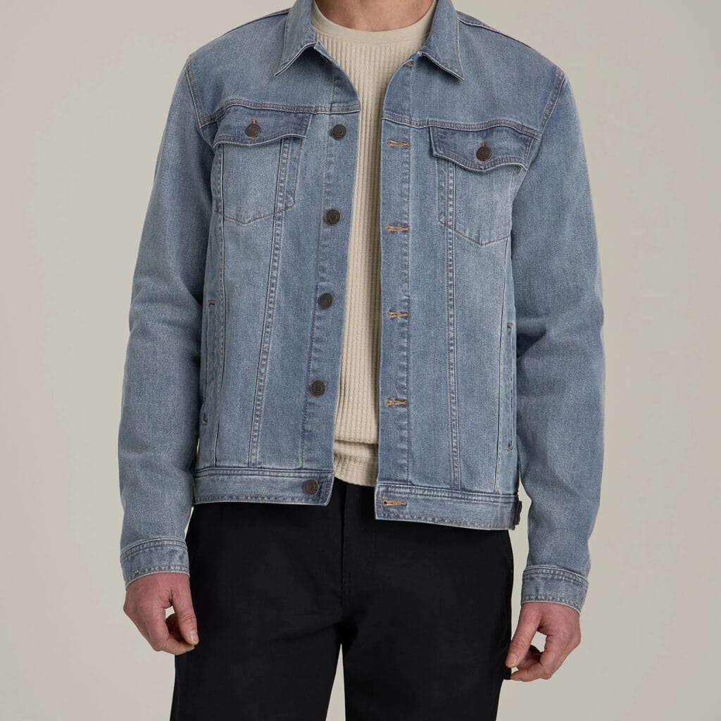 "Big and Tall Denim Jacket styled in an urban environment