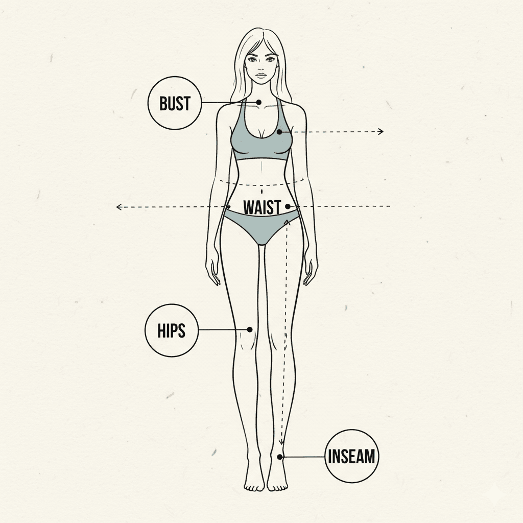 Illustration of women’s body measurement points for size chart”