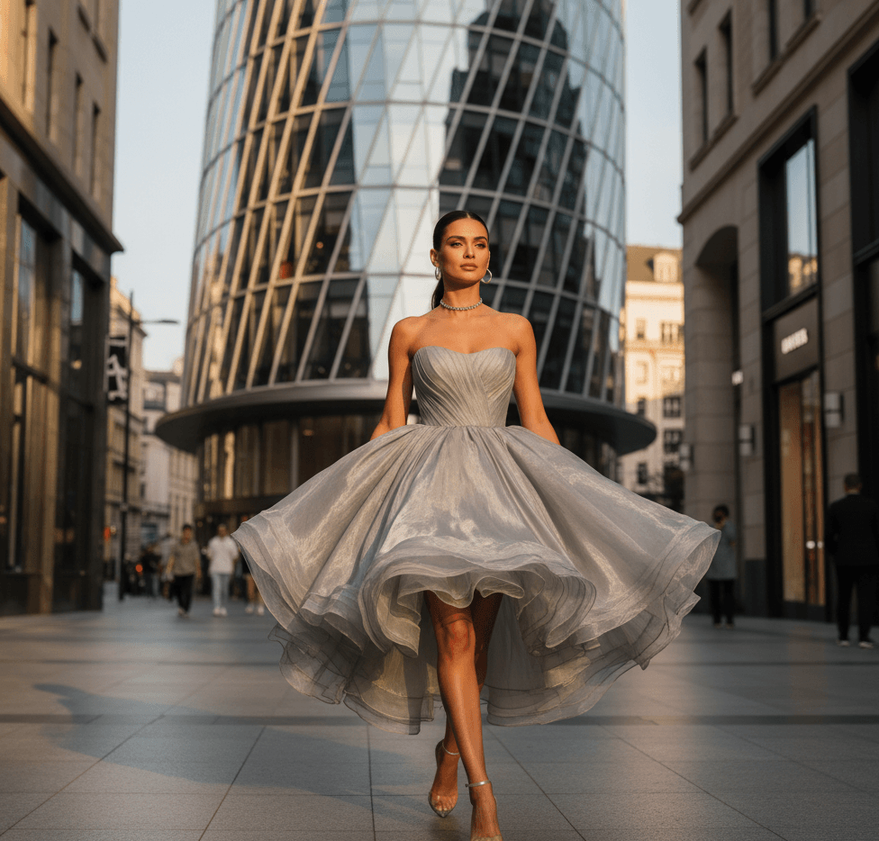 Woman confidently wearing a modern big poofy dress on a chic city street.