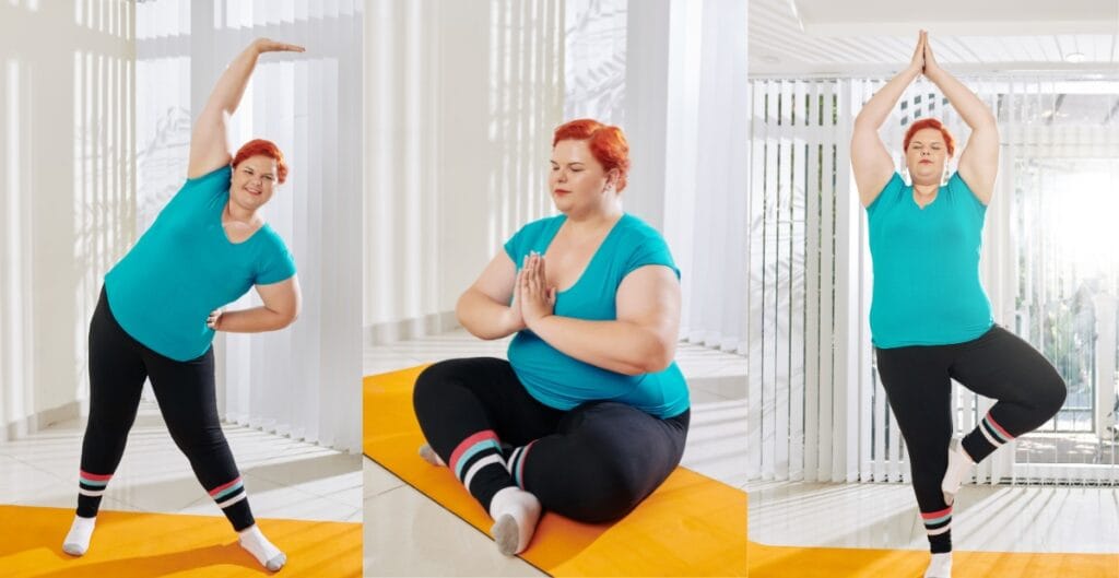 Plus size woman practicing yoga in good plus size leggings, stretching and balancing