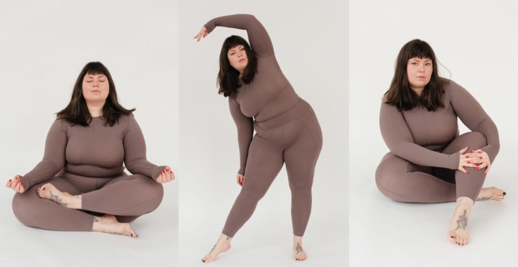 Plus size woman in form-fitting good leggings, striking various poses in a neutral studio setting